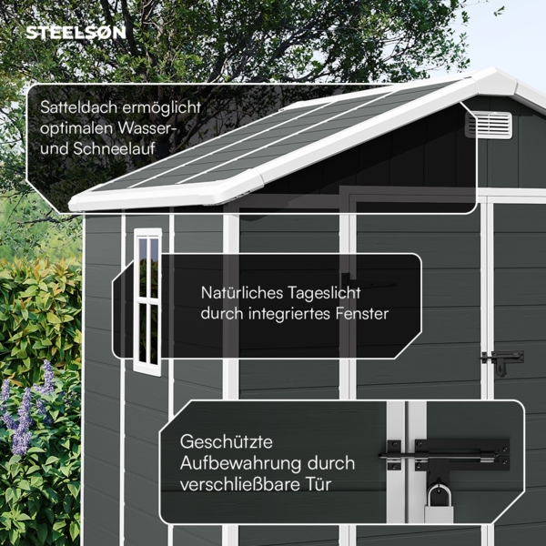 STEELSØN 'Novara' Gerätehaus Satteldach, Kunststoff, dunkelgrau, wetterfest, 226x200x230 cm, abschließbar, Gartenhaus mit Fenster Bild 5