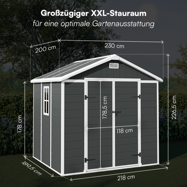 STEELSØN 'Novara' Gerätehaus Satteldach, Kunststoff, dunkelgrau, wetterfest, 226x200x230 cm, abschließbar, Gartenhaus mit Fenster Bild 8