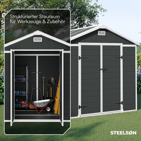 STEELSØN 'Novara' Gerätehaus Satteldach, Kunststoff, dunkelgrau, wetterfest, 226x200x230 cm, abschließbar, Gartenhaus mit Fenster Bild 4