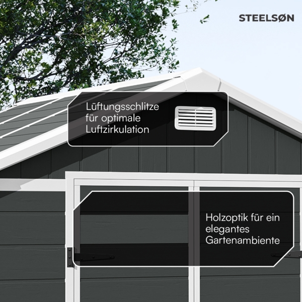 STEELSØN 'Novara' Gerätehaus Satteldach, Kunststoff, dunkelgrau, wetterfest, 226x200x230 cm, abschließbar, Gartenhaus mit Fenster Bild 6