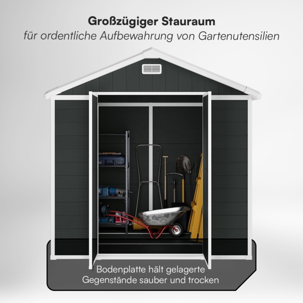 STEELSØN 'Novara' Gerätehaus Satteldach, Kunststoff, dunkelgrau, wetterfest, 226x200x230 cm, abschließbar, Gartenhaus mit Fenster Bild 7