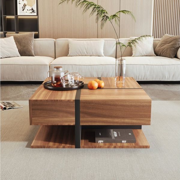 MODFU Couchtisch mit versteckten Schubladen (einzigartige Farbabstimmung und Liniendesign), Beistelltisch mit geometrische Design
