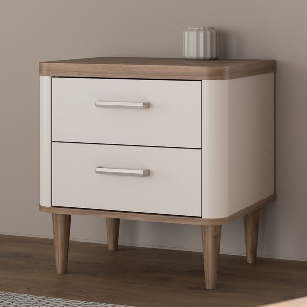 Forte LACETTI Nachttisch 50, eleganter Nachtschrank mit 2 Schubladen und hohen Füßen, Holzwerkstoff, Schlafzimmer, Kaschmir|Beige|Valencia Eiche Holzdekor, 50,4 cm breit x 53,3 cm hoch x 41,2 cm tief