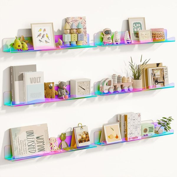 BAKAJI Set mit 6 Wandregalen aus Acryl, modernes Design, Mehrzweck-Wandregal, Organizer für Schlafzimmer, Wohnzimmer, Küche, Badezimmer, Bücherregal, platzsparend, 38 x 0 x 4,8 cm (Multicolor)