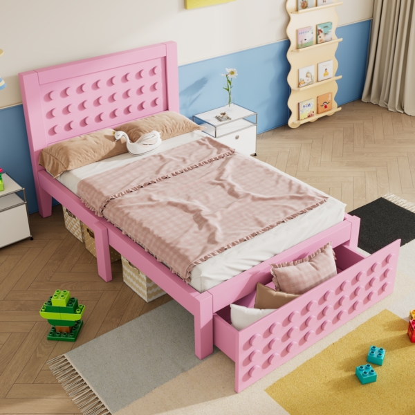 Merax Holzbett Einzelbett 90x200 cm, Kinderbett Jugendbett mit Kreativem Block Design, Massivholz Bettgestell, mit Schubladen, Rosa