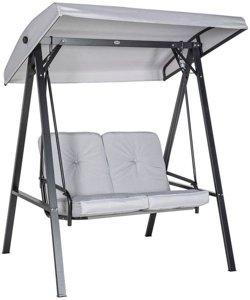 Outsunny Hollywoodschaukel mit Verstellbarem Dach, Kissen, 2-Sitzer, Verstellbares Dach, Schaukelbank, 1 tlg, Gartenschaukel, bis 220 kg Belastbar, für Garten, Balkon, Grau, 145 x 116 x 172 cm