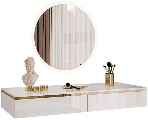 ALLHOUSE24 Schminktisch PEONY weiß Hochglanz mit rundem Spiegel LED Kosmetiktisch BERLIN