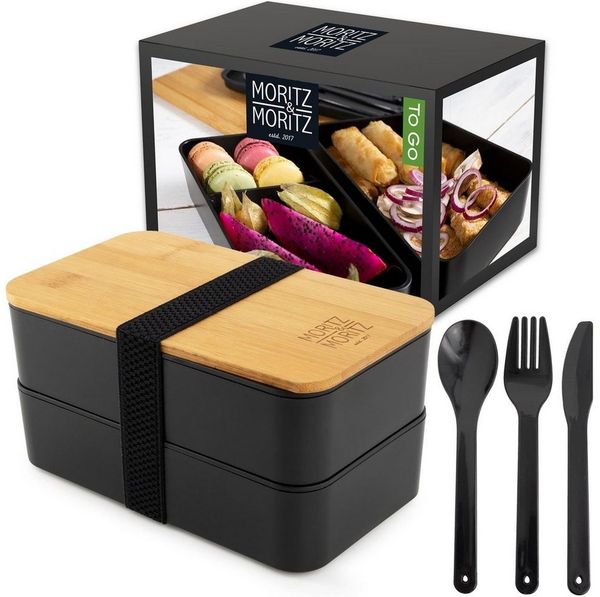Moritz & Moritz Lunchbox Moritz & Moritz Bento Box Schwarz, Kunststoff, Bambus, Elasthan, (Set), Bento Lunchbox für Erwachsene und Kinder - inkl. Besteck-Set
