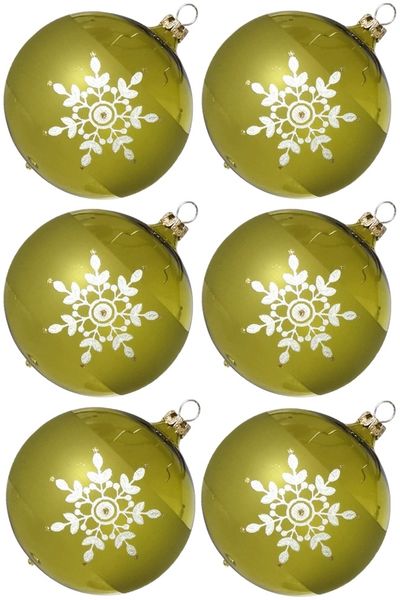 Weihnachtskugeln Set, 6 moosgrün Kugeln Ø 8cm Kristallblüten, Thüringer Glas Weihnachtsschmuck