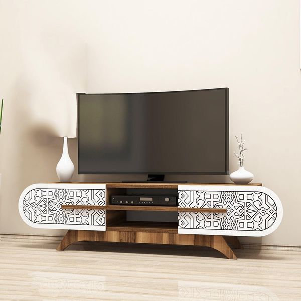 Stylish TV Unit, Walnut & White, 145 x 37 x 37 cm | 100% Melamine Coated Particle Board, 18 mm Thick | Modern Design for Living Room & Entertainment Spaces