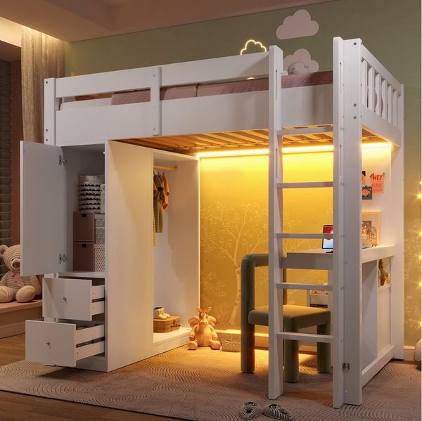 Flieks Hochbett Kinderbett 90x200cm mit Schubladen Schrank Schreibtisch LED & Aufladen