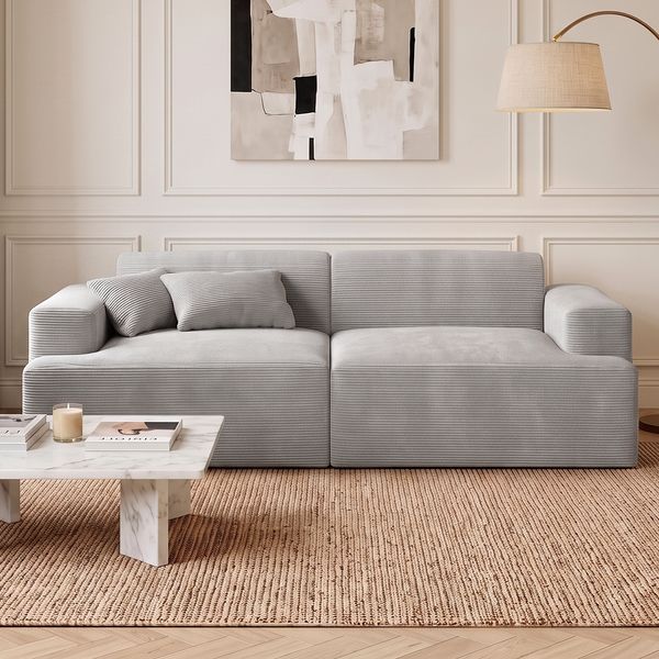 skølm 'Freki' Cloud Sofa 2 Sitzer, Vollschaumcouch mit Federkern und Vakuum-Kompression, kein Aufbau erforderlich, mit 2 Kissen, Cord grau
