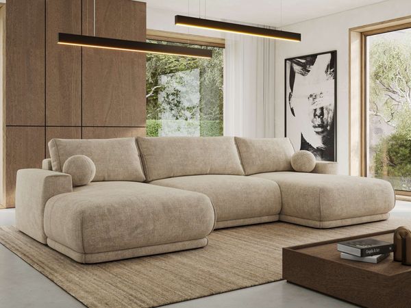 XXL Wohnlandschaft RINA U-Form 360 cm breit, Sofa mit Schlaffunktion & DL-Mechanismus, Wellenfederung, modern freistehend - Beige Schenille grob gewebt