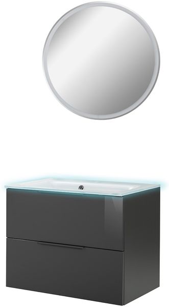 FACKELMANN LUNA Waschtisch Set mit Spiegel 80 cm breit, Anthrazit, Waschbecken Glas Weiß + Waschbeckenbeleuchtung