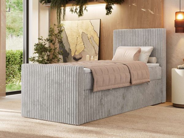 Bett mit Matratze, Boxspringbhett TILIANO DUO 90, Einzelbett 90 x 200 cm, Multipocket-Matratze 7-Zonen-Taschenfederkern - Hellgrau Cordstoff - H3 - Rechts - Topper T25