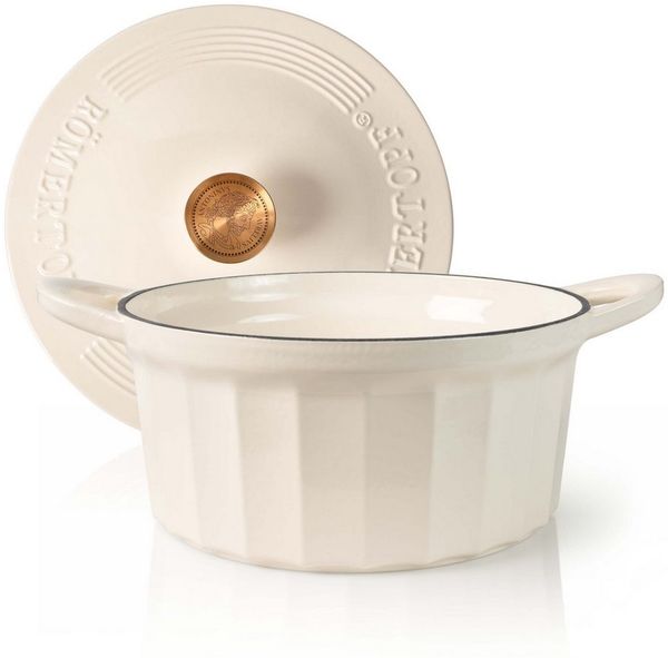 RÖMERTOPF Bratentopf Gusseisen Topf 24cm Creme, Gusseisen (Set, 2-tlg, Set mit Deckel), Backofengeeignet Induktionsgeeignet Zum Braten, Schmoren, Kochen