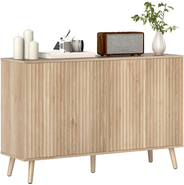 HOMCOM Wohnzimmerbuffet, Aufbewahrungsmöbel mit 4 geriffelten Türen mit Druckknopföffnung und verstellbaren Regalen, skandinavischer Stil, Esszimmer- und Küchenbuffet, 120 x 35 x 77,5 cm, Eiche