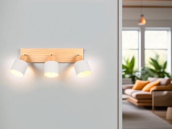 LED Deckenstrahler Hellgrau mit Holz 3-flammig, Breite 45cm