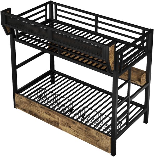 Merax Etagenbett, Metallbett 90x200cm mit Schubladen LED-Beleuchtung Aufbewahrungskorb, Schwarz Bild 9