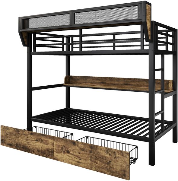 Merax Etagenbett, Metallbett 90x200cm mit Schubladen LED-Beleuchtung Aufbewahrungskorb, Schwarz Bild 8