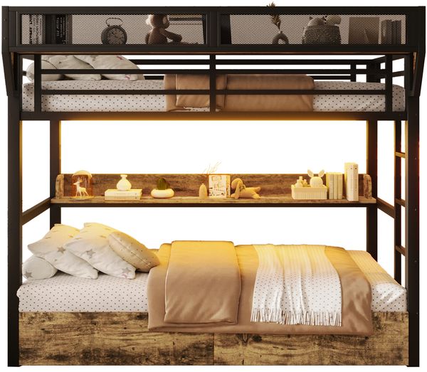 Merax Etagenbett, Metallbett 90x200cm mit Schubladen LED-Beleuchtung Aufbewahrungskorb, Schwarz Bild 10