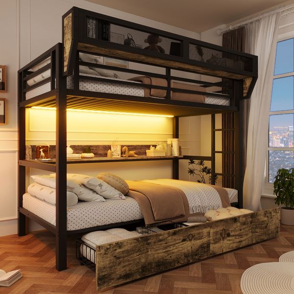 Merax Etagenbett, Metallbett 90x200cm mit Schubladen LED-Beleuchtung Aufbewahrungskorb, Schwarz