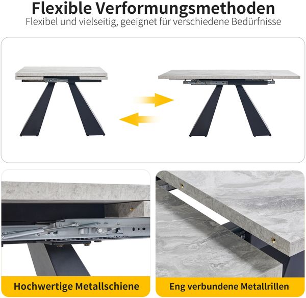 Verlängerbarer Esstisch 99–159 cm, Schwarz & Grau, Carbonstahl-Beine, höhenverstellbar, flexibles Metallschienensystem, rutschfeste Füße, 77cmx99-159cmx74cm