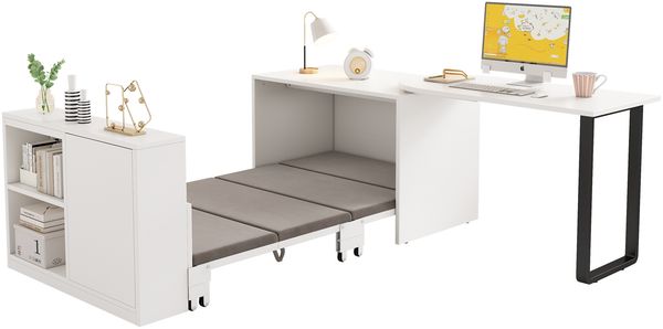Dieser 2-in-1 Schreibtisch und das Klappbett verfügen über ein Metallbettgestell und -beine, eine 4 cm dicke Matratze, Rollen, einen einzelnen Schrank mit zwei Staufächern und sind weiß. Bild 8