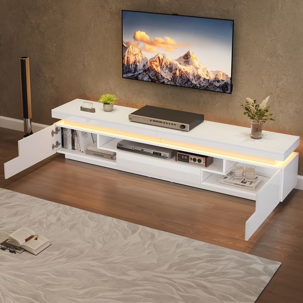 TV-Schrank 175 x 38 x 45 cm in Weiß, Hochglanz mit LED, 2 Schrankfächer und 1 Schublade