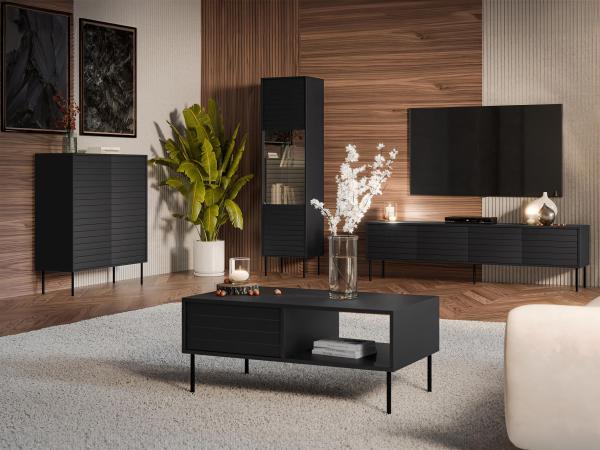 Wohnzimmer-Set Cuird I Kommode, TV-Lowboard, Couchtisch, Vitrine (Farbe: Schwarz)