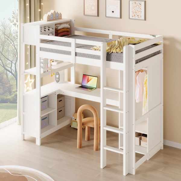 Hochbett mit Schreibtisch, Regal, Lattenrost, Trittleiter, offenem Kleiderschrank und Rausfallschutz, 90x200 cm, Kinderbett, Kiefer