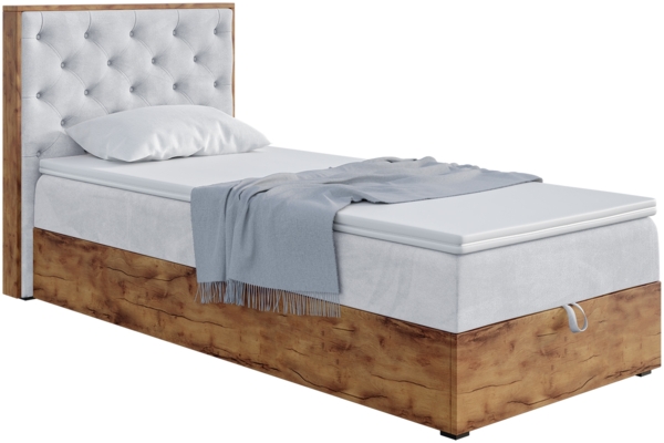 MEBLINI Boxspringbett LOFTY 3 90x200 cm mit Bettkasten – H3/Hellgrau Samt Gepolstert Einzelbett mit Topper & Bonellfederkern-Matratze