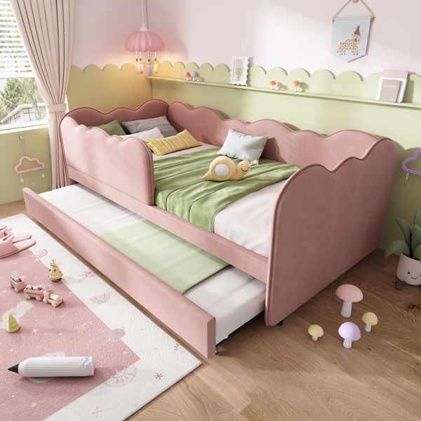 Polsterbett 90x190 cm mit Ausziehbett, Samt in Rosa, Lattenrost inklusive, ohne Matratze