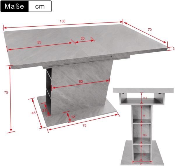 Merax Ausziehbarer Esstisch, Esstisch mit Stauraum, rechteckiger Esstisch, Kaffee-Freizeittisch, moderner einfacher Esstisch aus Eisen, Platzsparender multifunktionaler Esstisch, Betonoptik, grau Bild 4