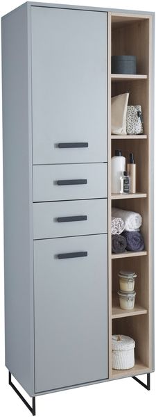Hochschrank >Tunis< 2 Türen, 2 Schübe, grau matt / sonoma eiche - 65x185x38cm (BxHxT)
