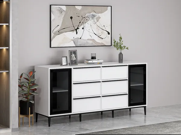 Vente-unique - MOLINIA Sideboard Holz, PlatteGlas SchwarzWeiß - B 45 cm x H 85 cm x L 180 cm
