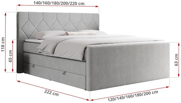 Boxspringbett KING EIGAR, mit einer Doppelmatratze, einem genähten Kopfteil - 140x200 - Hellgrau Stoff - H3 Bild 5