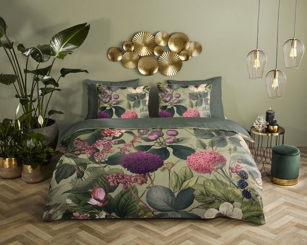 Descanso Wendebettwäsche Onaz, Renforcé, 2 teilig, Satin, Reißverschluss, Paspel, Biese, Wendeoptik, Luxe, Blumen, Grün