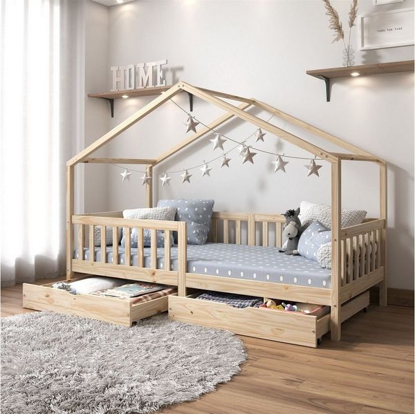 IDIMEX Kinderbett ELEA, Hausbett Montessori Bett Kinderbett Tipibett 90x200 Kiefer Schublad