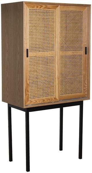 DRW Sideboard mit 2 Schiebetüren aus MDF, Weide und Metall in Natur und Schwarz, 76 x 40 x 154 cm