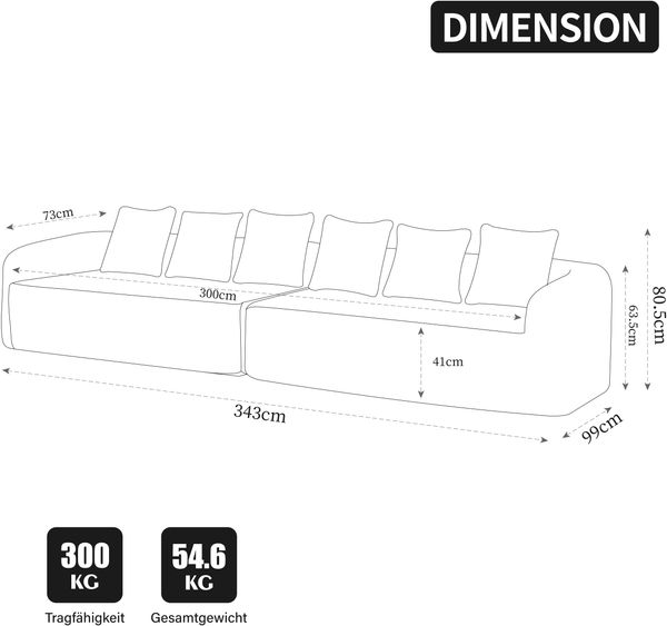 YakoHome Modulsofa Hellbeige 343.00*99.00*80.50 – Weiches Sitzgefühl durch Vakuumkompression, komplett montiert, hochwertige Polsterung, sofortige Formrückkehr, großzügige Chaiselongue, modernes Design, vielseitig einsetzbar Bild 6