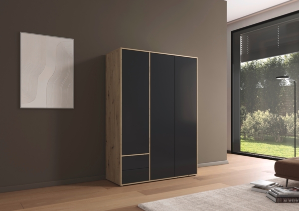 rauch Kleiderschrank Nabila, Drehtürenschrank, Garderobenschrank, 3-türig, 2 Schubkästen, mit 1 Kleiderstange und 3 Einlegeböden, Farbe Grau metallic/Eiche Artisan, Schwarz/Holz, mit Push-to-Open Funktion, 140x194x53cm