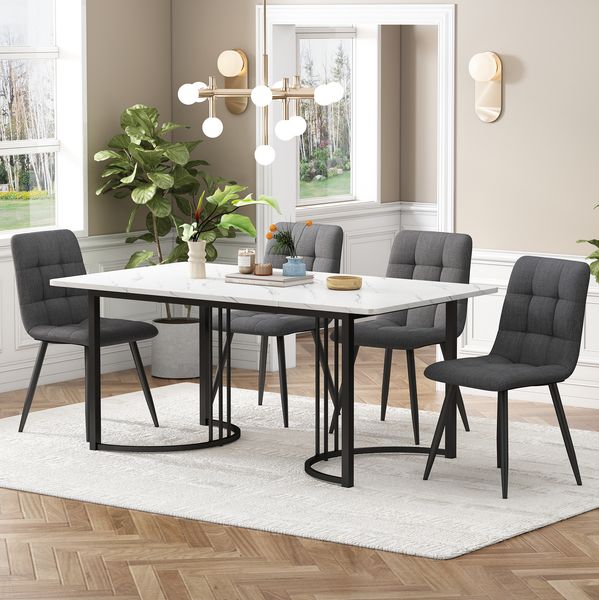 Esstischgruppe H 75 x T 80 x B 140 cm mit 4 Stühlen, MDF-Tisch in Marmor-Optik und Metallgestell