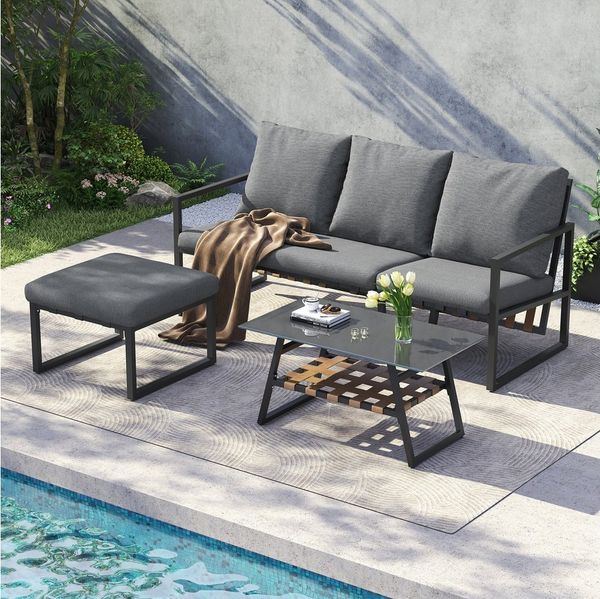 Flieks Gartenlounge-Set, (3-tlg), 4-Sitzer Gartenmöbel Balkonset mit verzinktem Stahl + Glastischplatte