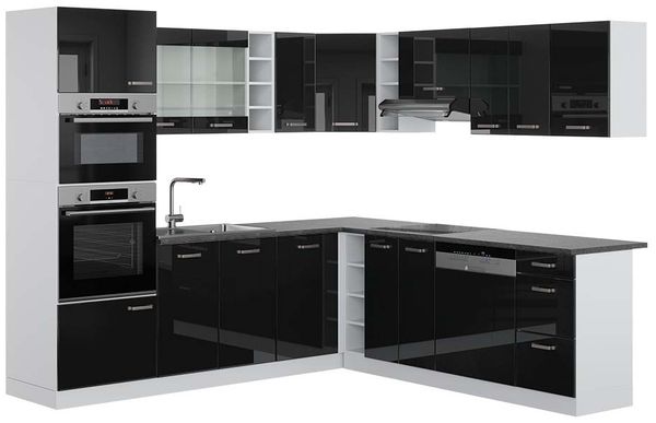 Eckküche R-Line Schwarz Hochglanz/Weiß 247 x 60 cm , AP Anthrazit Vicco