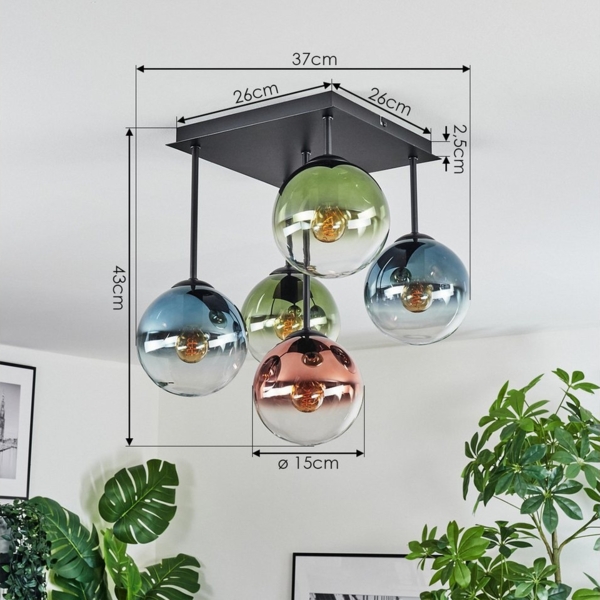 hofstein Deckenleuchte Deckenlampe aus Metall/Glas in Schwarz/Blau/Grün/Kupfer/Klar, Deckenleuchte im Retro/Vintage-Design (Schirme Ø 15 cm), 5 x E14 Bild 3
