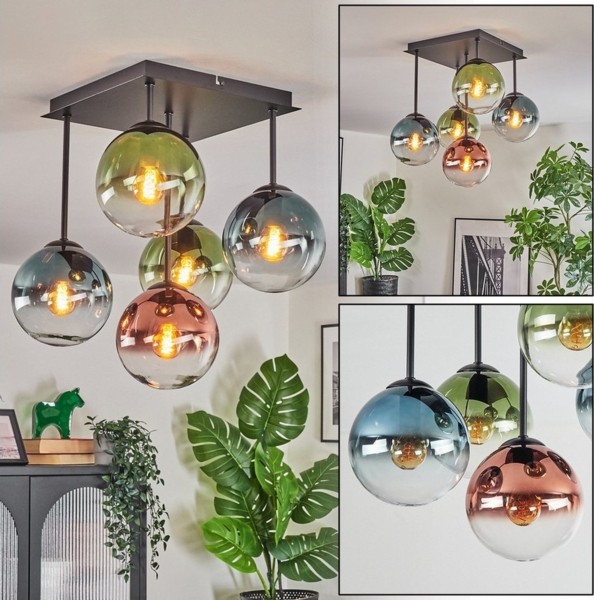 hofstein Deckenleuchte Deckenlampe aus Metall/Glas in Schwarz/Blau/Grün/Kupfer/Klar, Deckenleuchte im Retro/Vintage-Design (Schirme Ø 15 cm), 5 x E14 Bild 5