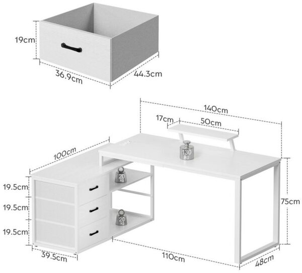 Furnicopia Eckschreibtisch 140cm mit Monitorarm, Computertisch mit drehbarer Tischplatte (Flexibel und schwenkbar, mit Steckdosen (2 Steckdosen + 2 USB-Anschlüsse), 3 großen Schubladen, 2 Ablageflächen)