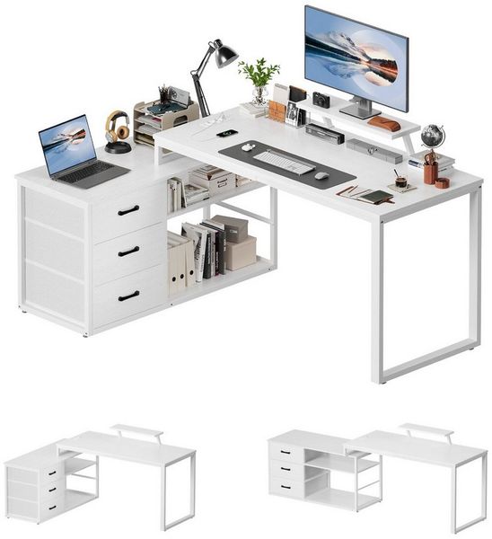 Furnicopia Eckschreibtisch 140cm mit Monitorarm, Computertisch mit drehbarer Tischplatte (Flexibel und schwenkbar, mit Steckdosen (2 Steckdosen + 2 USB-Anschlüsse), 3 großen Schubladen, 2 Ablageflächen)