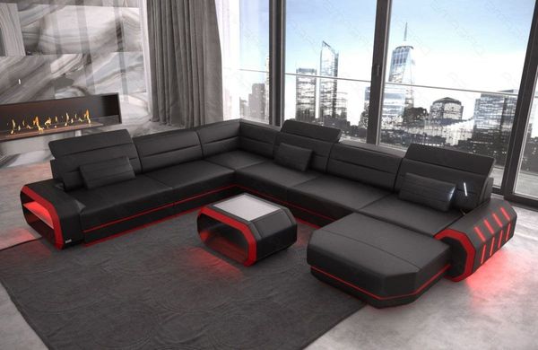 Sofa Dreams Wohnlandschaft Roma XXL Mini Leder, in vielen Farben, Ledercouch, Ottomane, LED, verstellbare Kopfstützen